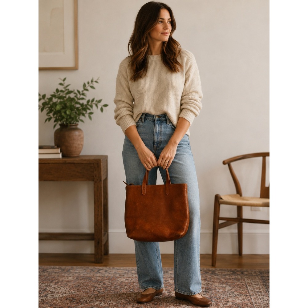 Madewell Transport Tote Bag English Saddle Leather‎ Zip Top J1951 Brown